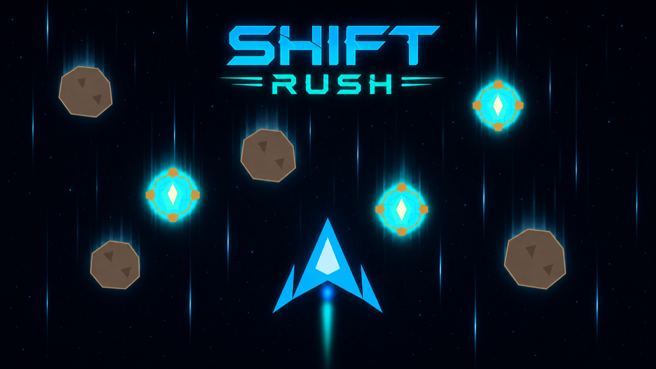 Imagen promocional de Shift Rush con nave, asteroides y artefactos
